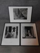 Two large framed and glazed black noir prints of women and another similar unglazed, signed by