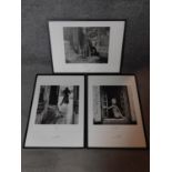 Two large framed and glazed black noir prints of women and another similar unglazed, signed by