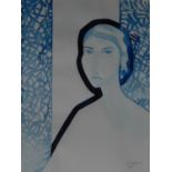 A framed and glazed acrylic ink on paper by Danish artist Natalie Nigro, titled 'Dubai blue',