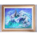 A oil on canvas of horses swimming on the ocean, by Robert Barnete. 59x74cm