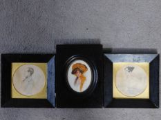 A pair of framed and glazed sketches of a nobleman and woman together with a framed and glazed print