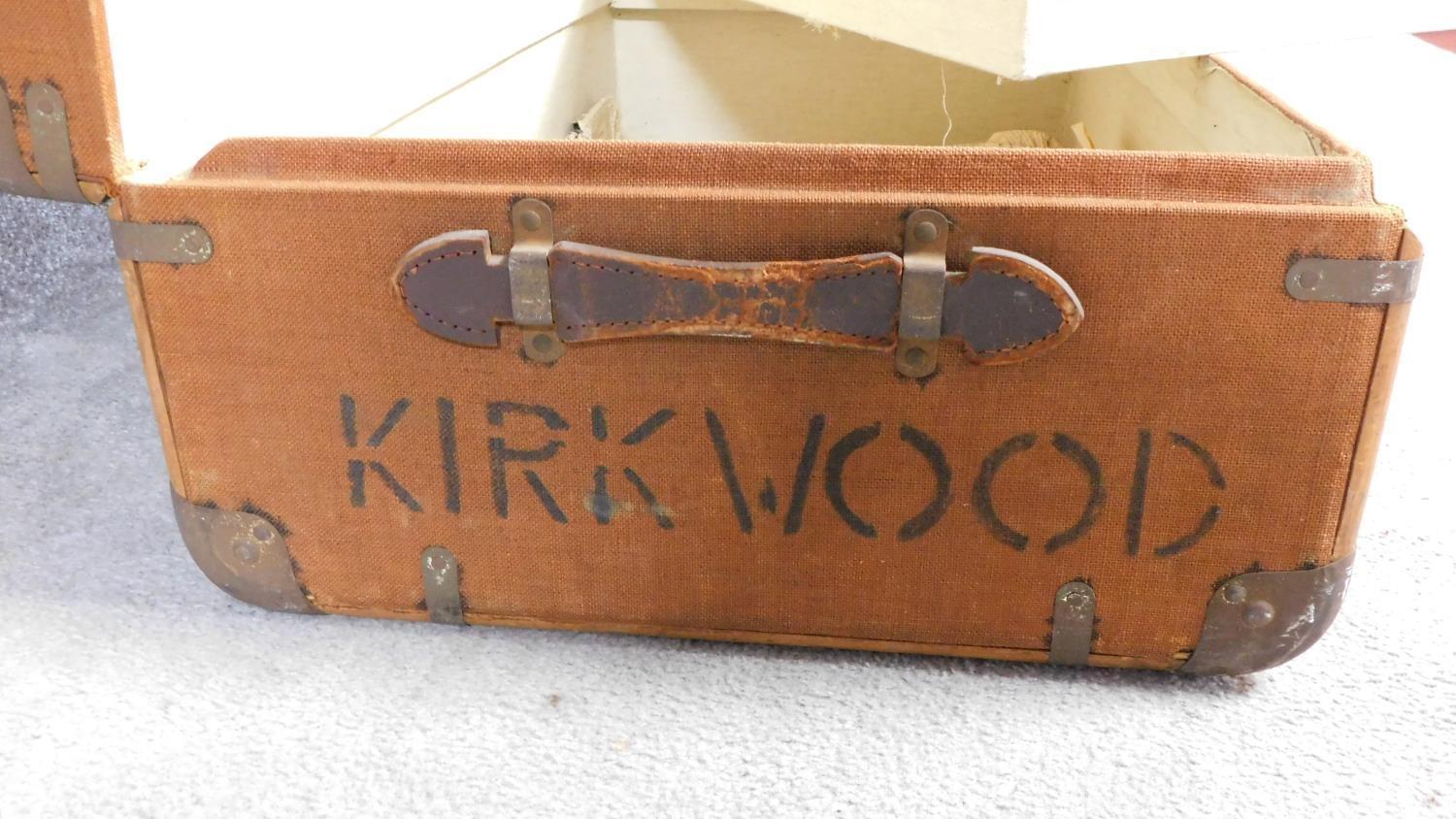 A teak bound and canvas covered Kirkwood travelling trunk fitted with lift out tray. H.30xW.90xD. - Image 4 of 4