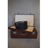 A vintage suitcase with lift out tray, a hat box and a small vintage attache case. H.26 x 68cm