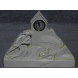 A French Art Deco white ceramic mantle clock signed G. Chevalier to the back for George Chavalier