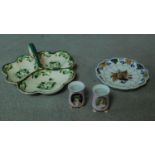 A collection of ceramics. Including a pair of pink transferware salts with a portrait of a man and a