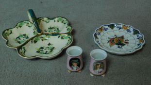 A collection of ceramics. Including a pair of pink transferware salts with a portrait of a man and a