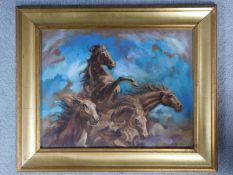 A framed oil on canvas of four horses, by Robert Barnete. 49x59cm