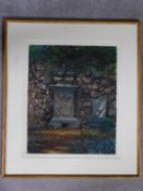 A framed and glazed pastel of Mozart's tomb by Judith Rothschild, inscribed to back. 64x56cm