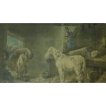 A framed and glazed antique lithograph titled 'The farmer's stable' after George Moorland, by