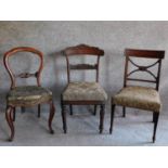 A William IV mahogany dining chair and two other 19th century dining chairs. H.89cm