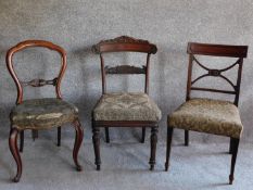 A William IV mahogany dining chair and two other 19th century dining chairs. H.89cm