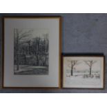 A framed and glazed pencil sketch of church grounds, indistinctly signed. Together with a framed and