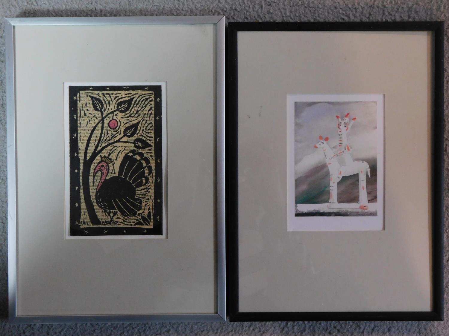 Two framed and glazed signed prints. One woodblock print of a turkey under a tree. Signed verso