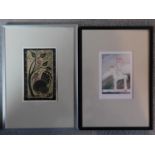 Two framed and glazed signed prints. One woodblock print of a turkey under a tree. Signed verso
