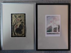 Two framed and glazed signed prints. One woodblock print of a turkey under a tree. Signed verso