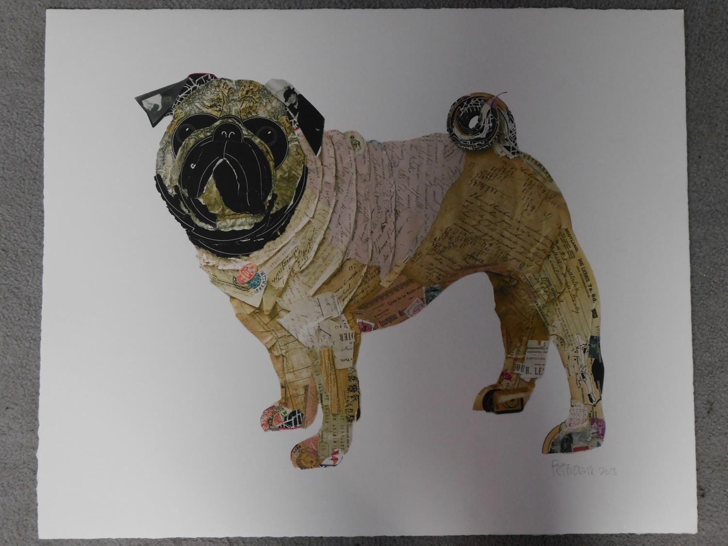 A signed coloured lithograph by South African collage artist Peter Clark. Depicting a pug. 76x62cm - Image 2 of 3