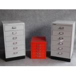 Three contemporary metal filing cabinets, two by Bisley. W.98 W.35 D.48cm (largest).