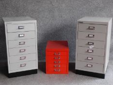 Three contemporary metal filing cabinets, two by Bisley. W.98 W.35 D.48cm (largest).