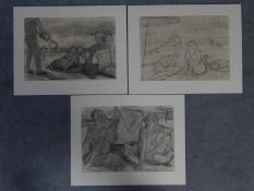 Three unframed charcoal sketches of beach scenes. 52x40cm