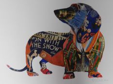 A signed coloured lithograph by South African collage artist Peter Clark. Depicting a dachshund.