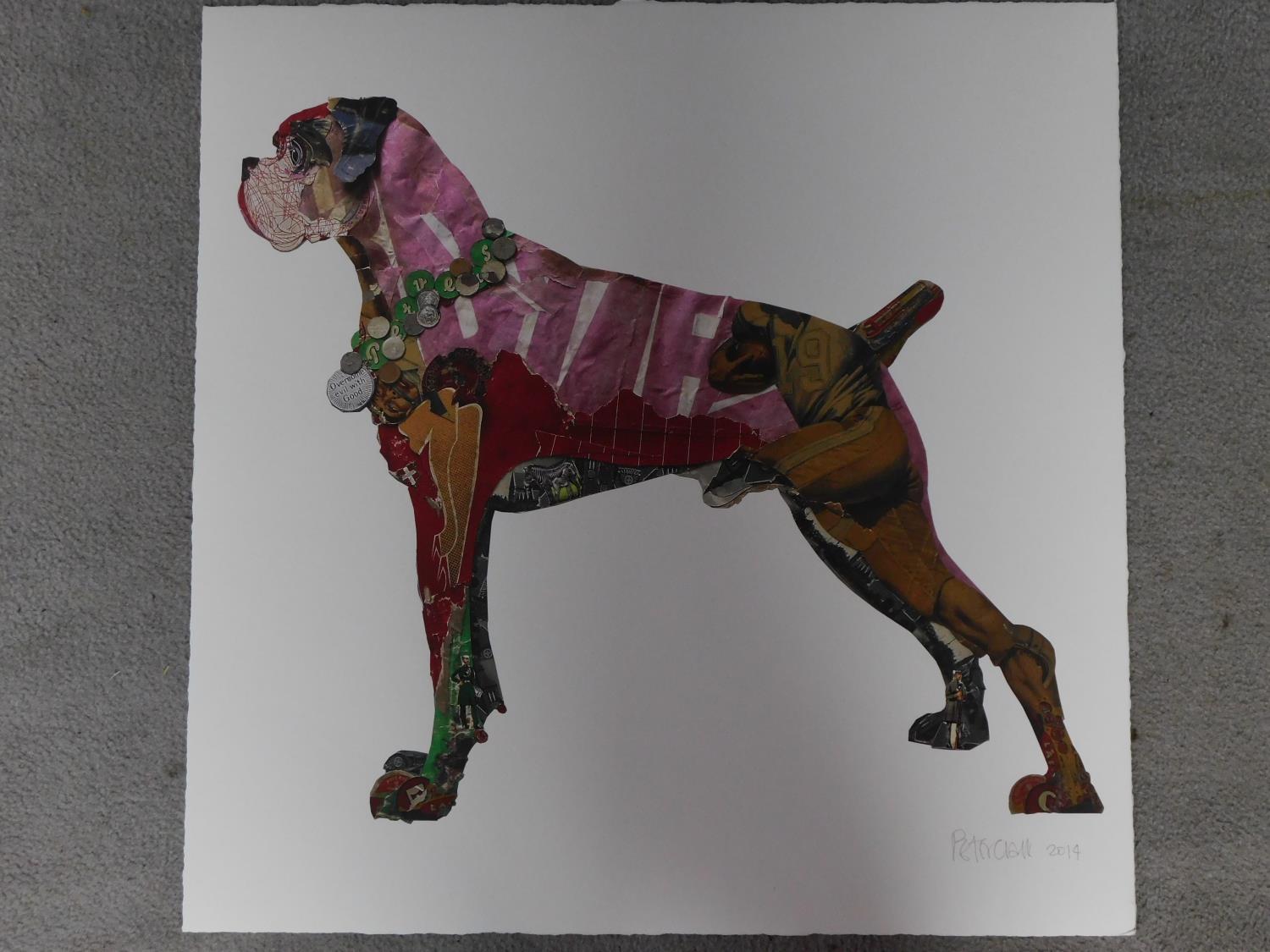 A signed coloured lithograph by South African collage artist Peter Clark. Depicting a boxer dog. - Image 2 of 3