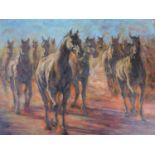 A framed oil on canvas of a herd of horses, by Robert Barnete. 44x54cm