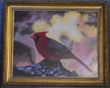 A framed and glazed oil on board, songbird, signed 'R. Blomeley 2005'. H.60 x 50cm