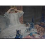 An antique framed and glazed coloured lithograph of a girl and cats. 57x41cm