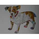 A signed coloured lithograph by South African collage artist Peter Clark. Depicting a Jack Russel.