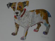 A signed coloured lithograph by South African collage artist Peter Clark. Depicting a Jack Russel.