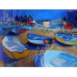 An oil on board depicting boats resting on a beach.101x122cm