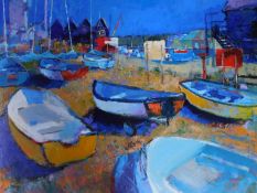 An oil on board depicting boats resting on a beach.101x122cm