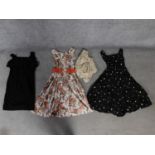 Three vintage dresses and a vintage embroidered bolero jacket. One Black shot silk dress with