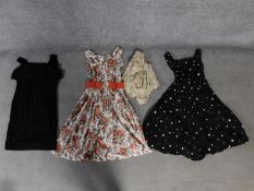 Three vintage dresses and a vintage embroidered bolero jacket. One Black shot silk dress with