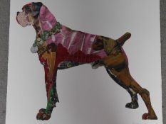 A signed coloured lithograph by South African collage artist Peter Clark. Depicting a boxer dog.