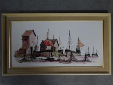 A framed acrylic and ink wash on board of a fishing village, signed Fisher. 106x60cm