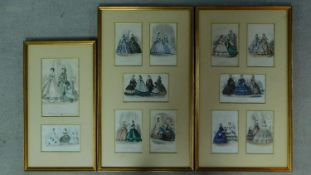 A collection of framed and glazed antique hand coloured engravings of various ladies dresses. H.