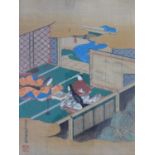 An antique coloured woodblock print from the '53 Stations of the Tokaido' series by Hiroshige.