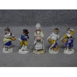 Four antique hand painted Chelsea Sampson style figures, with gold anchor mark to back.