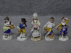 Four antique hand painted Chelsea Sampson style figures, with gold anchor mark to back.