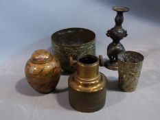 A collection of metalwork items. Including an antique adjustable magnifyer, a Chinese brass repousse