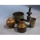 A collection of metalwork items. Including an antique adjustable magnifyer, a Chinese brass repousse