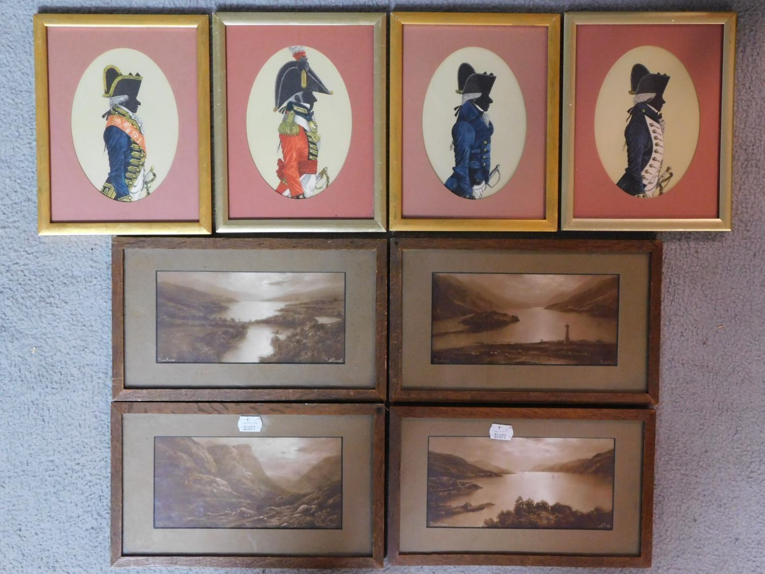 Eight framed and glazed prints, silhouette portraits of soldiers and various landscape sceneries.