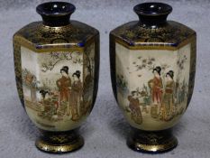 A pair of satsuma pottery Japanese vases with hand painted and gilded figures and floral design.