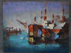 An oil on canvas by Greek artist Tilemachos Kyriazatis. Titled 'Ships at Harbour'. Signed and