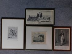 A collection of four framed and glazed antique engravings, two depicting people and two depicting