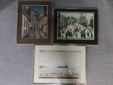 Three framed and glazed prints. Two from paintings by L. S. Lowry. The other depicting a street