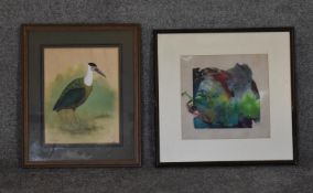 A framed and glazed watercolour, bird study and an abstract composition. H.46 x 39cm