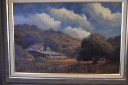 An oil on board, depicting a view of a farm, titled 'Melody of Poppies'. By Mark Geller, signed to