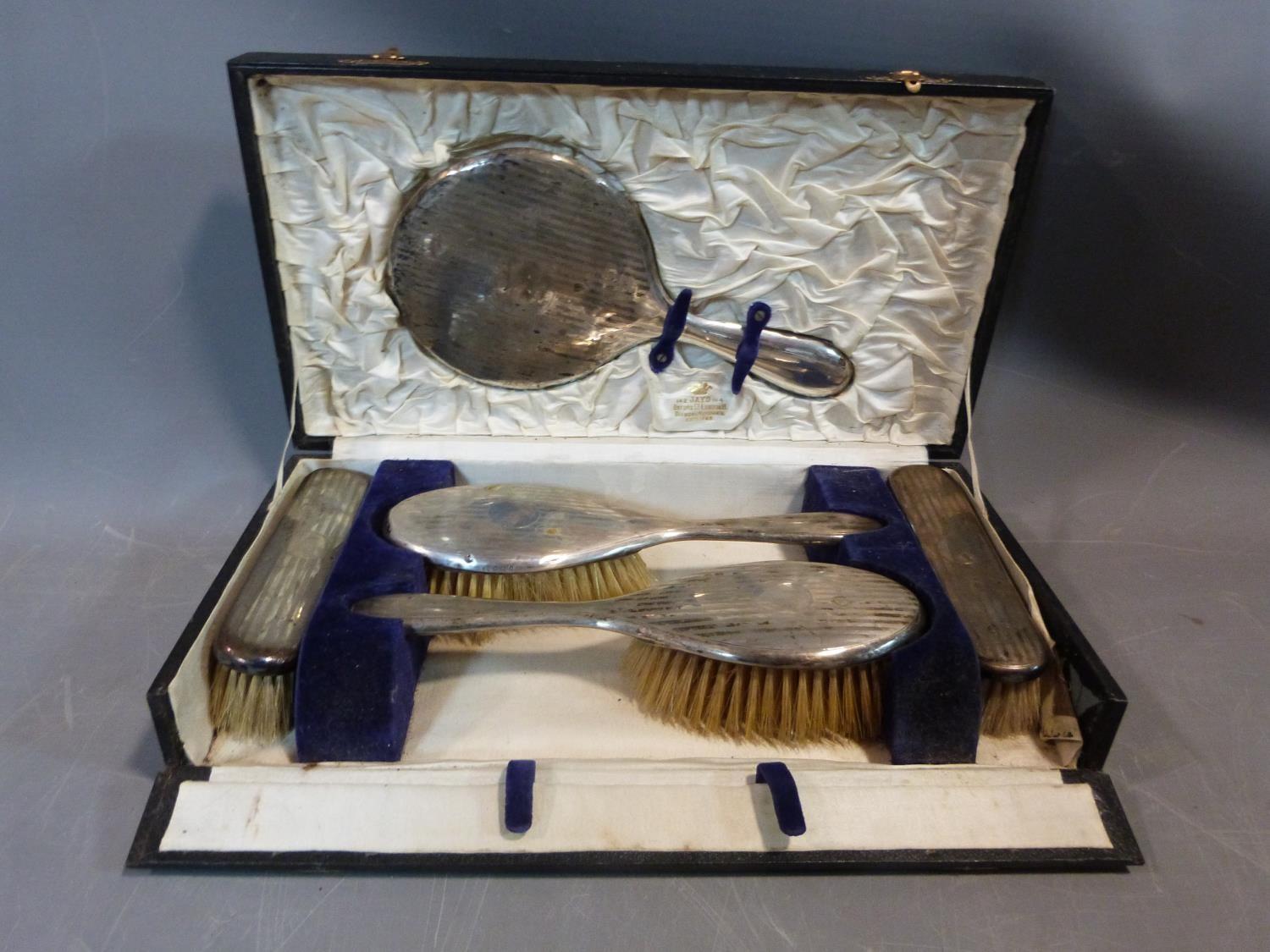 Cased silver brush set and silver plate items. Hallmarked: 1925, Birmingham, S star B for Synyer & - Image 2 of 27